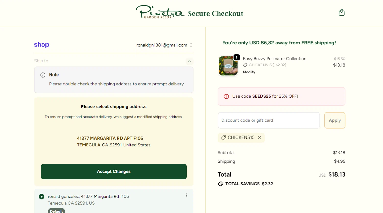 Pinetree Garden Seeds promo code screenshot showing code CHICKENS15 applied at Pinetree Garden Seeds checkout page. Uploaded by SimplyCodes community member Ronald on Nov 25, 2025