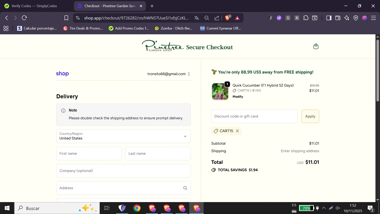 Pinetree Garden Seeds promo code screenshot showing code CART15 applied at Pinetree Garden Seeds checkout page. Uploaded by SimplyCodes community member elizabethjames on Nov 10, 2025
