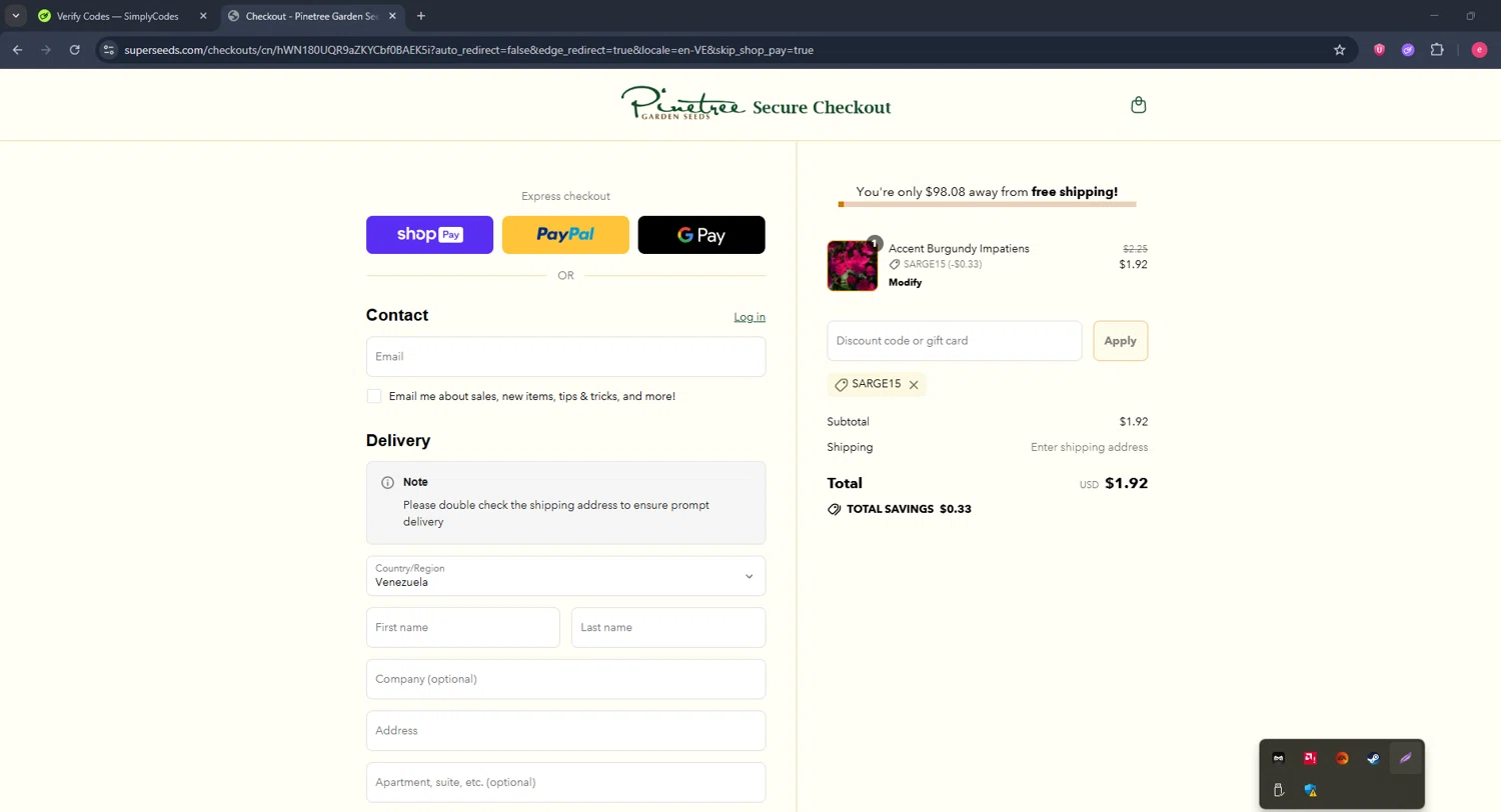 Pinetree Garden Seeds promo code screenshot showing code SARGE15 applied at Pinetree Garden Seeds checkout page. Uploaded by SimplyCodes community member TreasureWarden457 on Jul 28, 2025