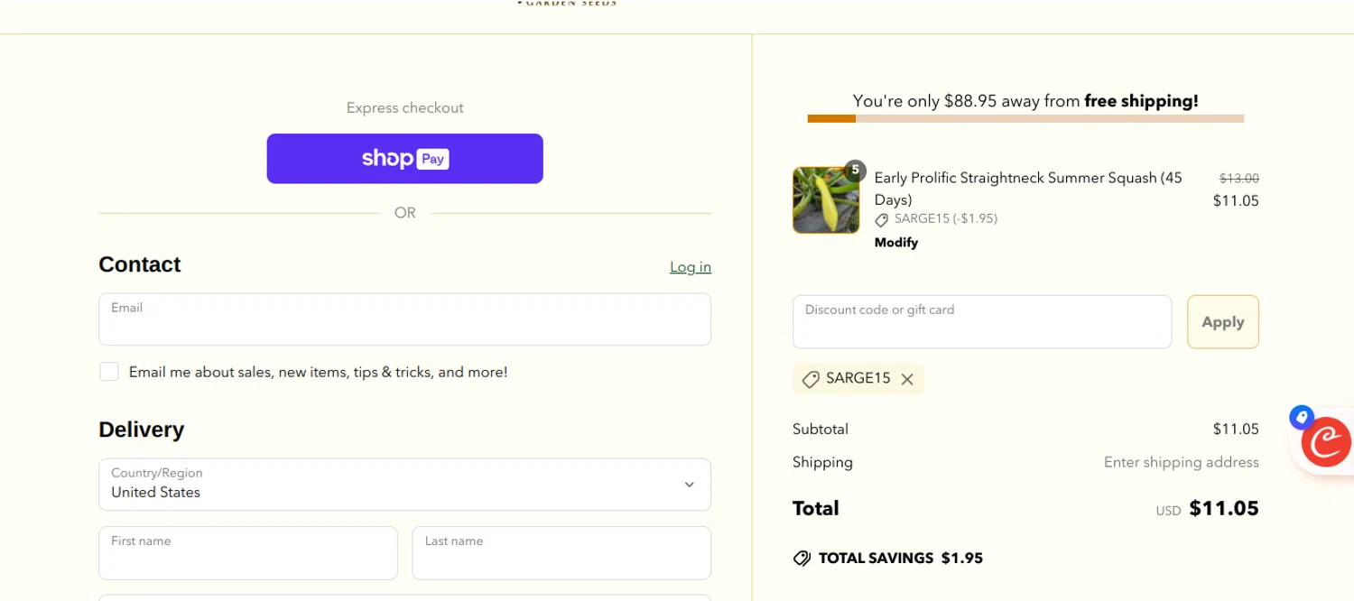 Pinetree Garden Seeds promo code screenshot showing code SARGE15 applied at Pinetree Garden Seeds checkout page. Uploaded by SimplyCodes community member Speedy on May 24, 2025