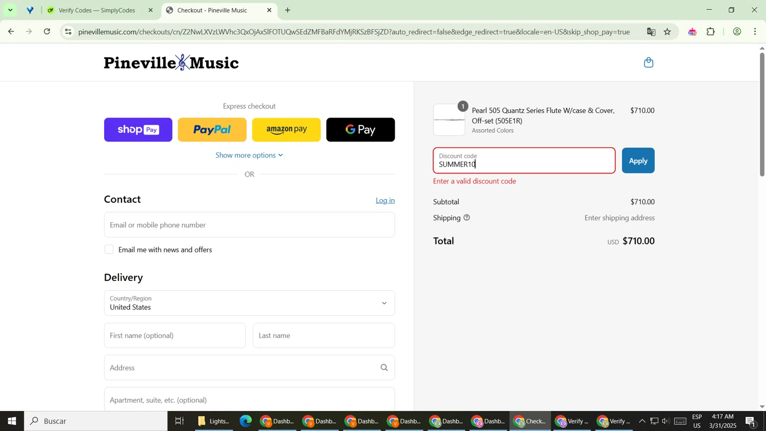 Pineville Music promo code screenshot showing code SUMMER10 applied at Pineville Music checkout page. Uploaded by SimplyCodes community member VoucherPilot9919 on Mar 31, 2025