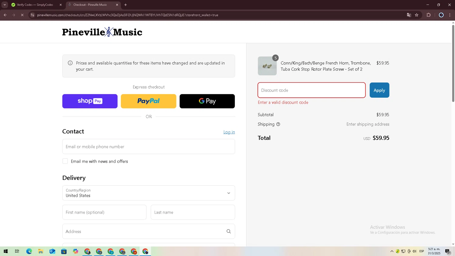 Pineville Music promo code screenshot showing code SUMMER10 applied at Pineville Music checkout page. Uploaded by SimplyCodes community member jessrodrguez2 on Mar 31, 2025