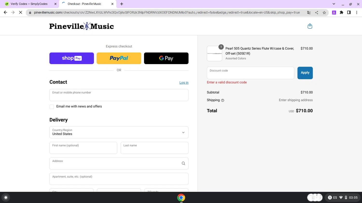 Pineville Music promo code screenshot showing code SUMMER10 applied at Pineville Music checkout page. Uploaded by SimplyCodes community member lapampita on Mar 31, 2025