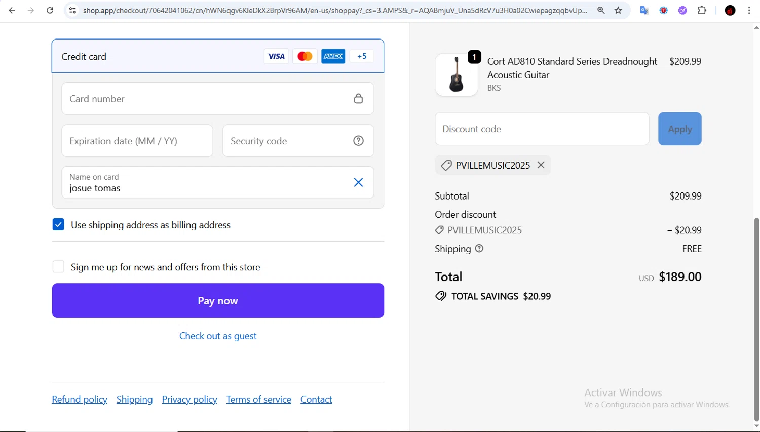 Pineville Music promo code screenshot showing code PVILLEMUSIC2025 applied at Pineville Music checkout page. Uploaded by SimplyCodes community member Francisco01 on Dec 25, 2025