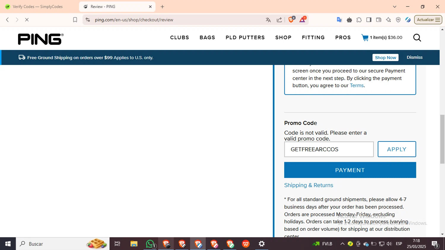 PING promo code screenshot showing code GETFREEARCCOS applied at PING checkout page. Uploaded by SimplyCodes community member PennyMaverick9741 on Mar 25, 2025