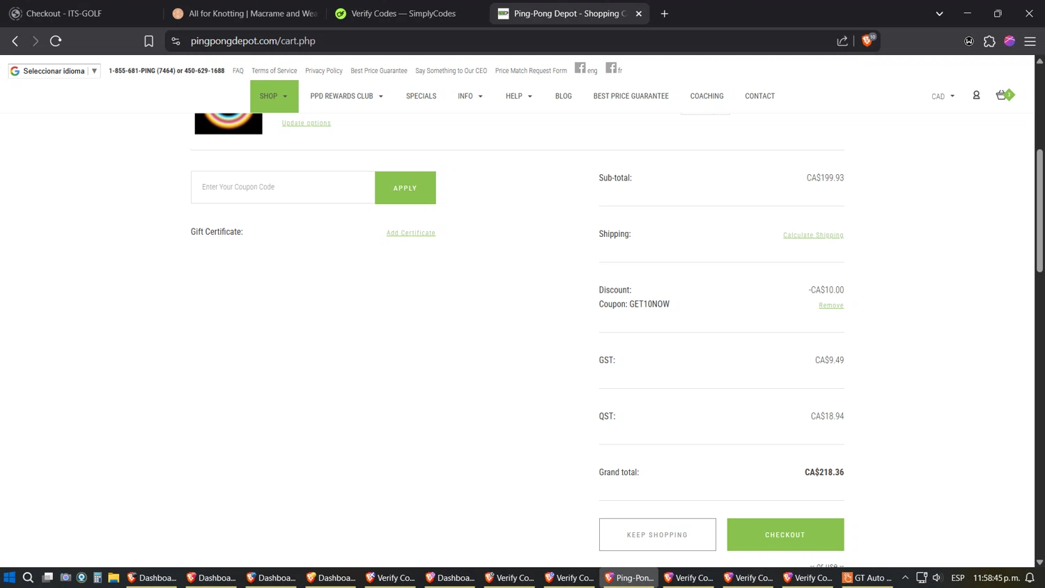 PingPongDepot.com promo code screenshot showing code GET10NOW applied at PingPongDepot.com checkout page. Uploaded by SimplyCodes community member TreasureExpert3303 on May 25, 2025
