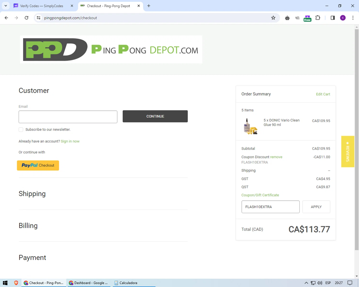 PingPongDepot.com checkout page showing PingPongDepot.com promo code box | Screenshot taken by SimplyCodes community member on Feb 25, 2024
