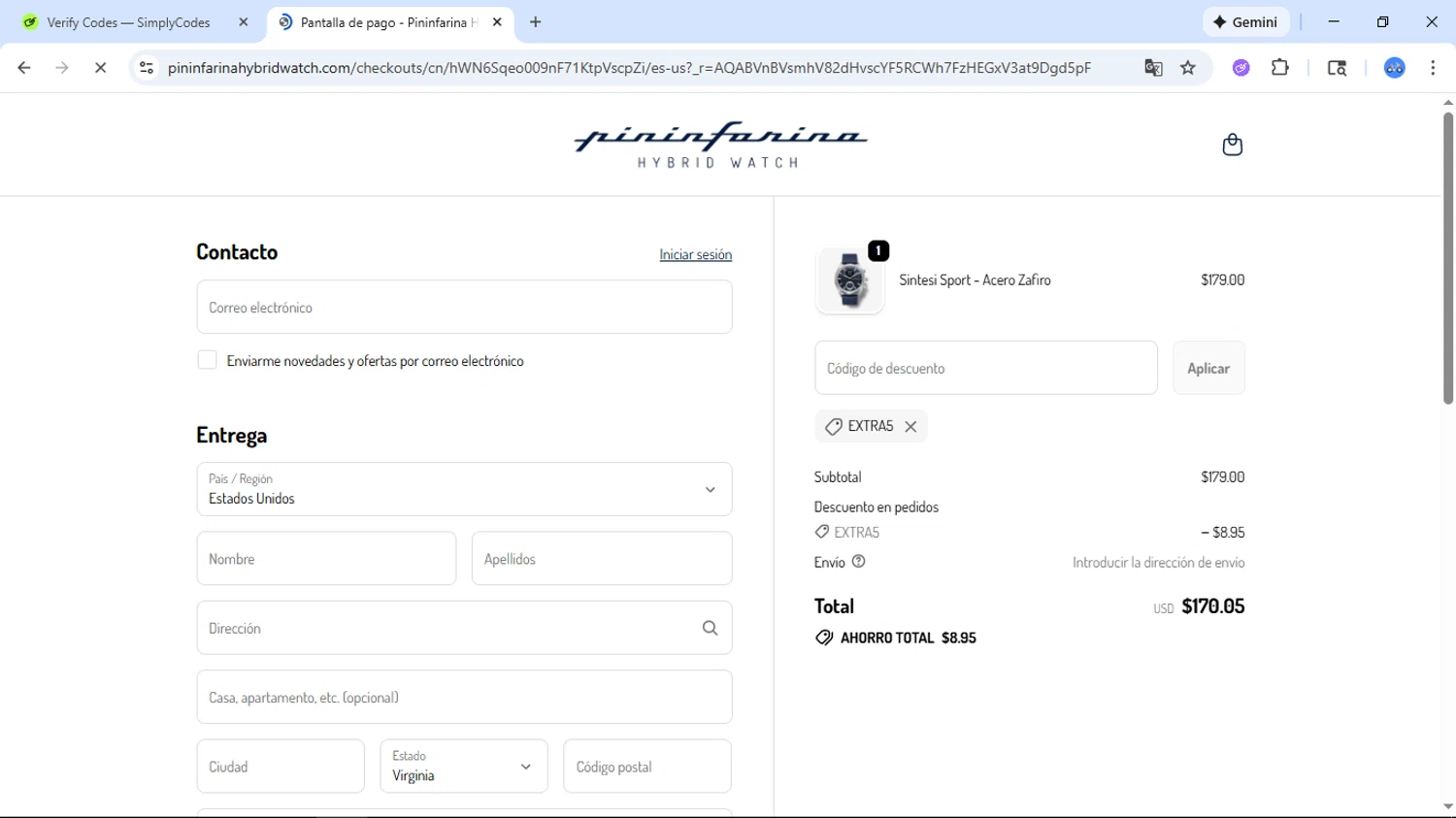 Pininfarina Hybrid Smartwatch checkout page showing Pininfarina Hybrid Smartwatch promo code box | Screenshot taken by SimplyCodes community member on Dec 15, 2025