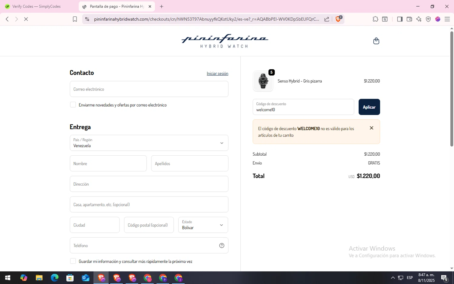 Pininfarina Hybrid Smartwatch promo code screenshot showing code welcome10 applied at Pininfarina Hybrid Smartwatch checkout page. Uploaded by SimplyCodes community member CodeLynx5272 on Nov 8, 2025