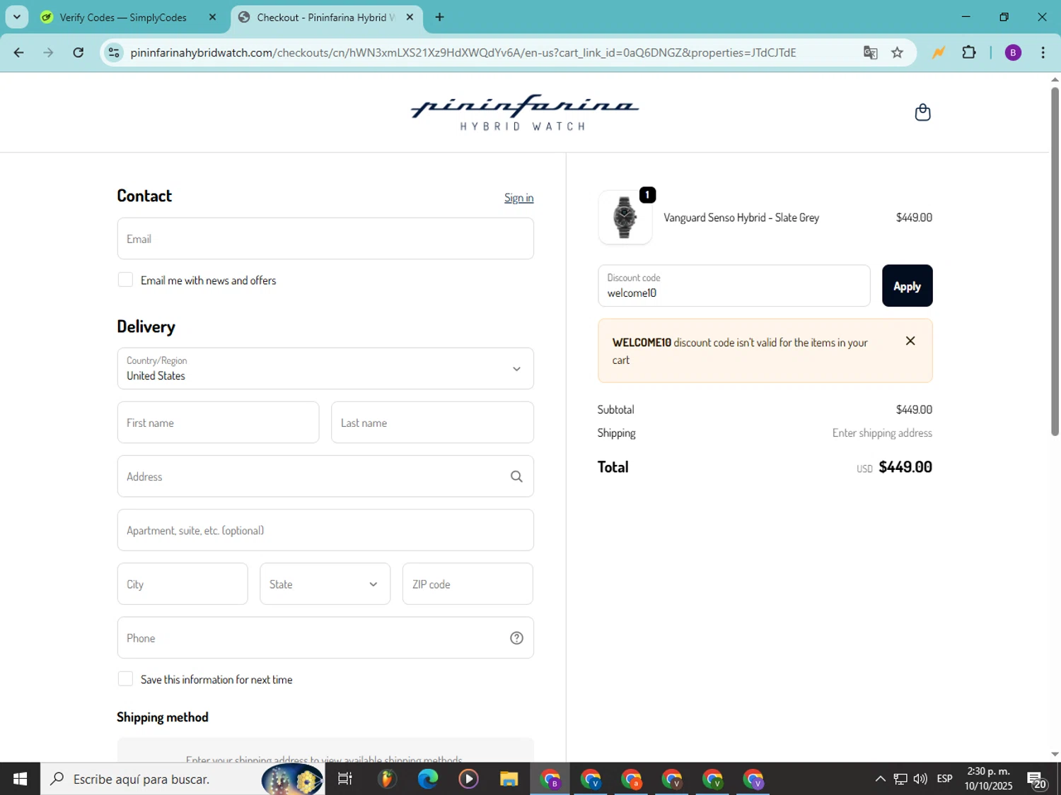 Pininfarina Hybrid Smartwatch promo code screenshot showing code welcome10 applied at Pininfarina Hybrid Smartwatch checkout page. Uploaded by SimplyCodes community member Soyvictor on Oct 10, 2025