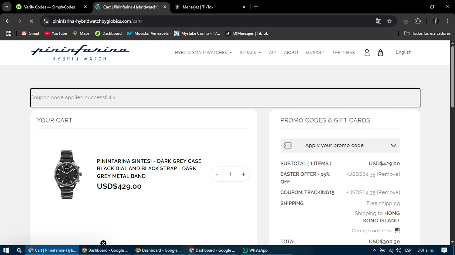 Pininfarina Hybrid Smartwatch promo code screenshot showing code Tracking15 applied at Pininfarina Hybrid Smartwatch checkout page. Uploaded by SimplyCodes community member ChinoYugiXD on Apr 14, 2025