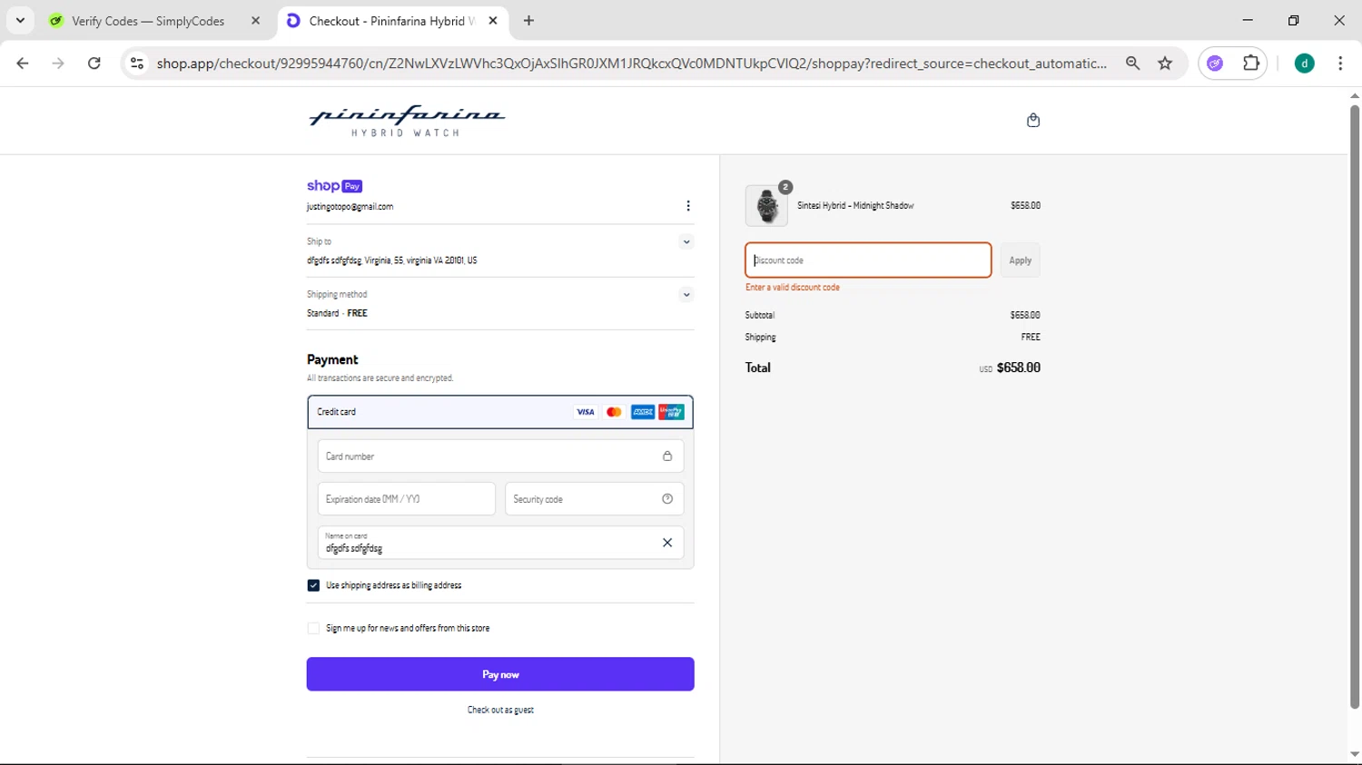 Pininfarina Hybrid Smartwatch promo code screenshot showing code Tracking15 applied at Pininfarina Hybrid Smartwatch checkout page. Uploaded by SimplyCodes community member HEROESCUDA on Jun 11, 2025
