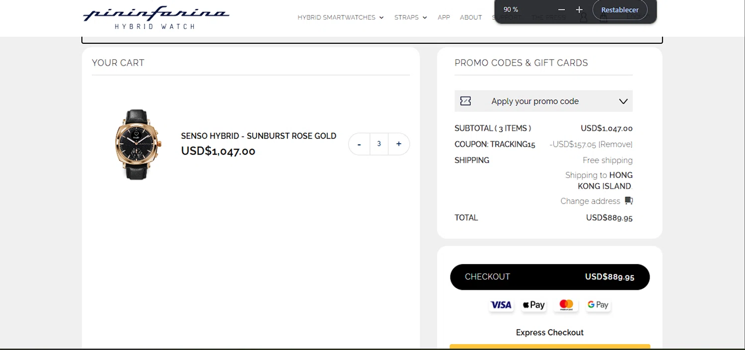 Pininfarina Hybrid Smartwatch promo code screenshot showing code Tracking15 applied at Pininfarina Hybrid Smartwatch checkout page. Uploaded by SimplyCodes community member laoriginal on Jun 11, 2025