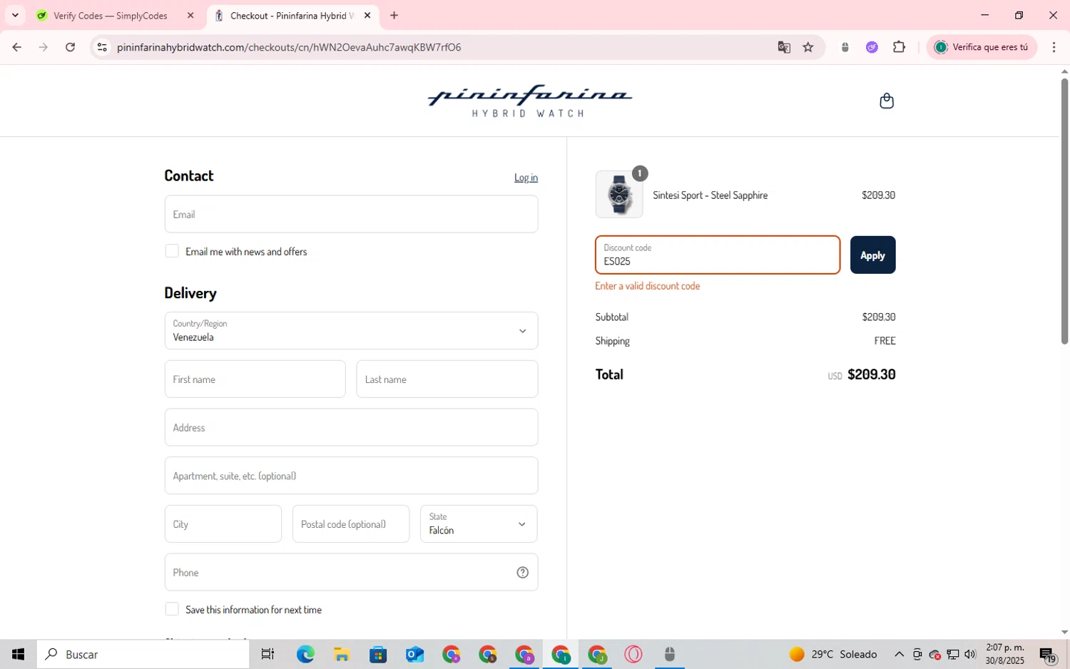 Pininfarina Hybrid Smartwatch promo code screenshot showing code ESO25 applied at Pininfarina Hybrid Smartwatch checkout page. Uploaded by SimplyCodes community member SmartShopper4328 on Aug 30, 2025