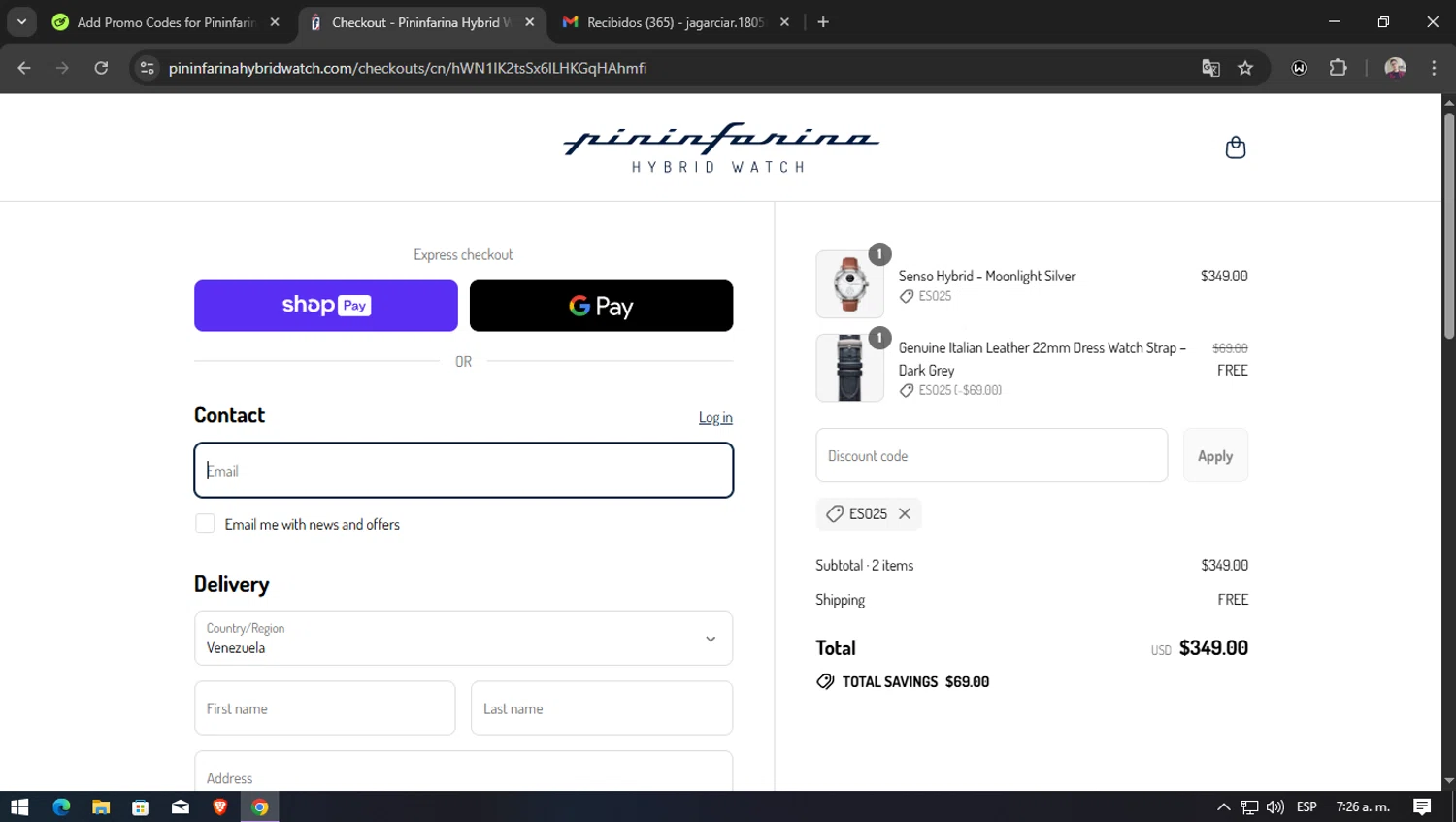 Pininfarina Hybrid Smartwatch promo code screenshot showing code ESO25 applied at Pininfarina Hybrid Smartwatch checkout page. Uploaded by SimplyCodes community member SaraiVillarroel on Aug 1, 2025