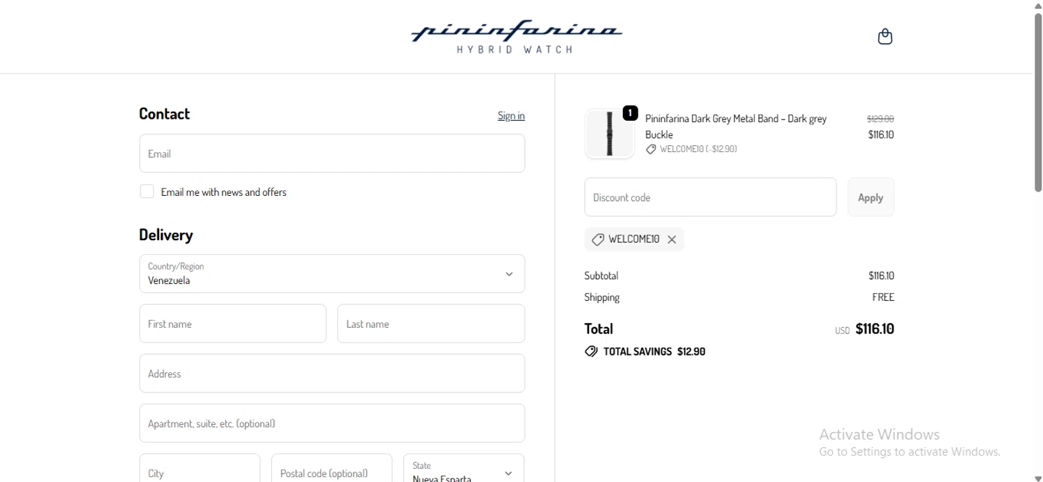 Pininfarina Hybrid Smartwatch promo code screenshot showing code Welcome10 applied at Pininfarina Hybrid Smartwatch checkout page. Uploaded by SimplyCodes community member anosesmith on Oct 10, 2025