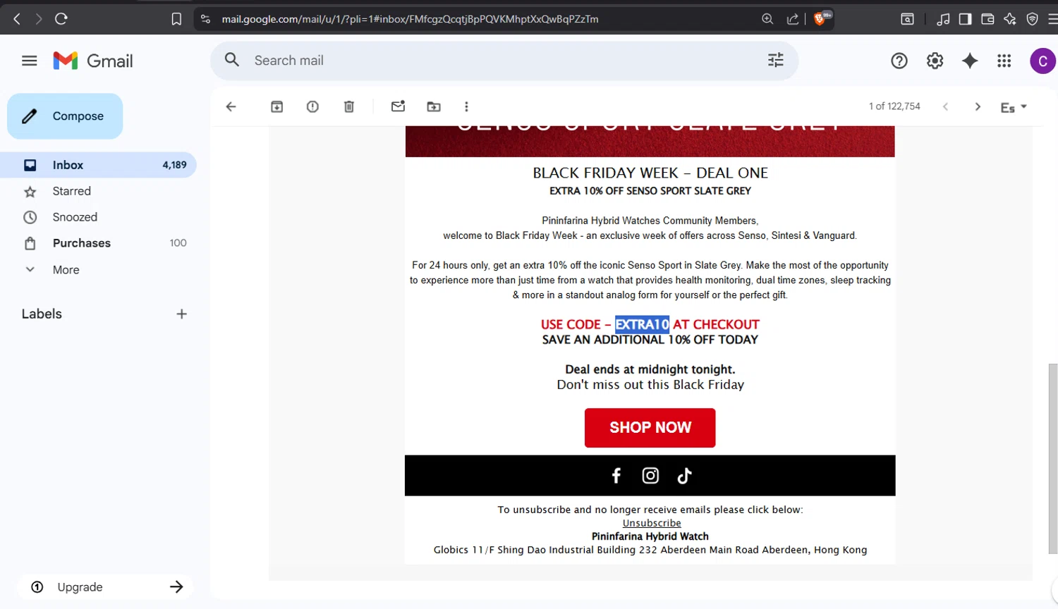 Pininfarina Hybrid Smartwatch promo code screenshot showing code EXTRA10 applied at Pininfarina Hybrid Smartwatch checkout page. Uploaded by SimplyCodes community member crischidy25 on Nov 24, 2025