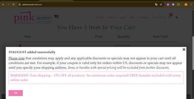 Pink checkout page showing Pink coupon code box | Screenshot taken by SimplyCodes community member on Aug 22, 2025