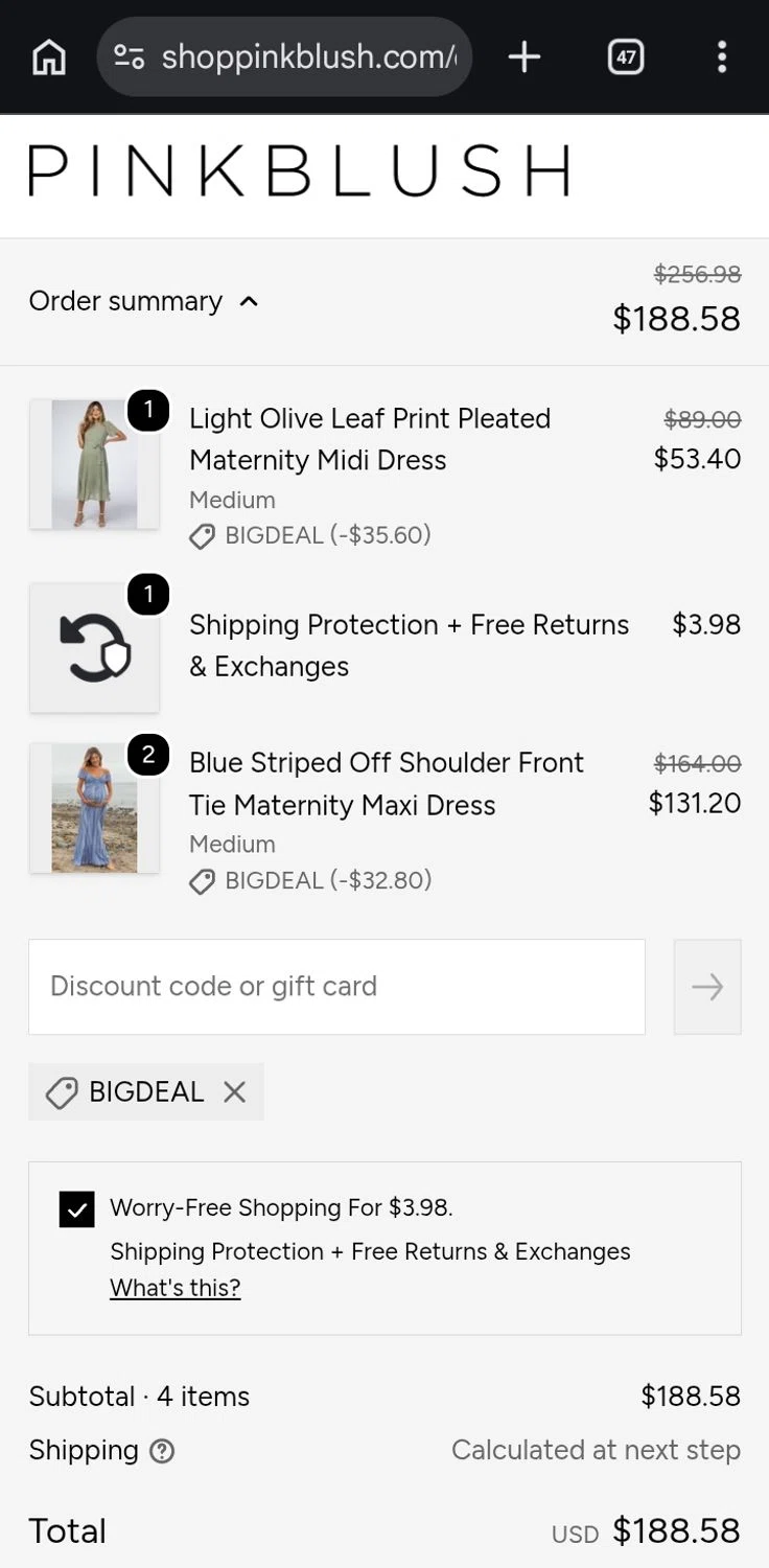 PinkBlush promo code screenshot showing code BIGDEAL applied at PinkBlush checkout page. Uploaded by SimplyCodes community member ValiantCurator3344 on Jun 18, 2026