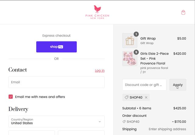 Pink Chicken checkout page showing Pink Chicken promo code box | Screenshot taken by SimplyCodes community member on Dec 2, 2024
