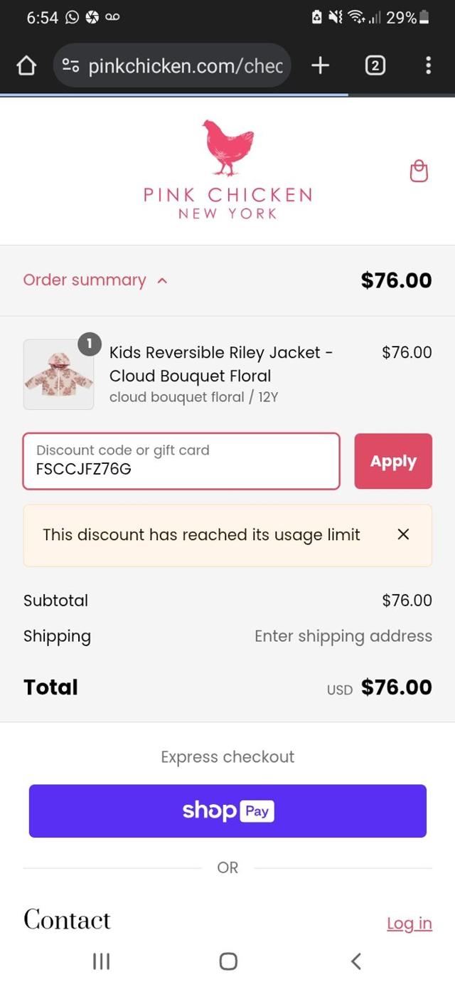Pink Chicken checkout page showing Pink Chicken promo code box | Screenshot taken by SimplyCodes community member on Jan 22, 2025