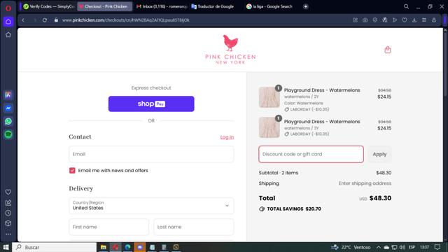 Pink Chicken checkout page showing Pink Chicken promo code box | Screenshot taken by SimplyCodes community member on Aug 24, 2025