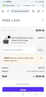 Pink Cove coupon verification screenshot