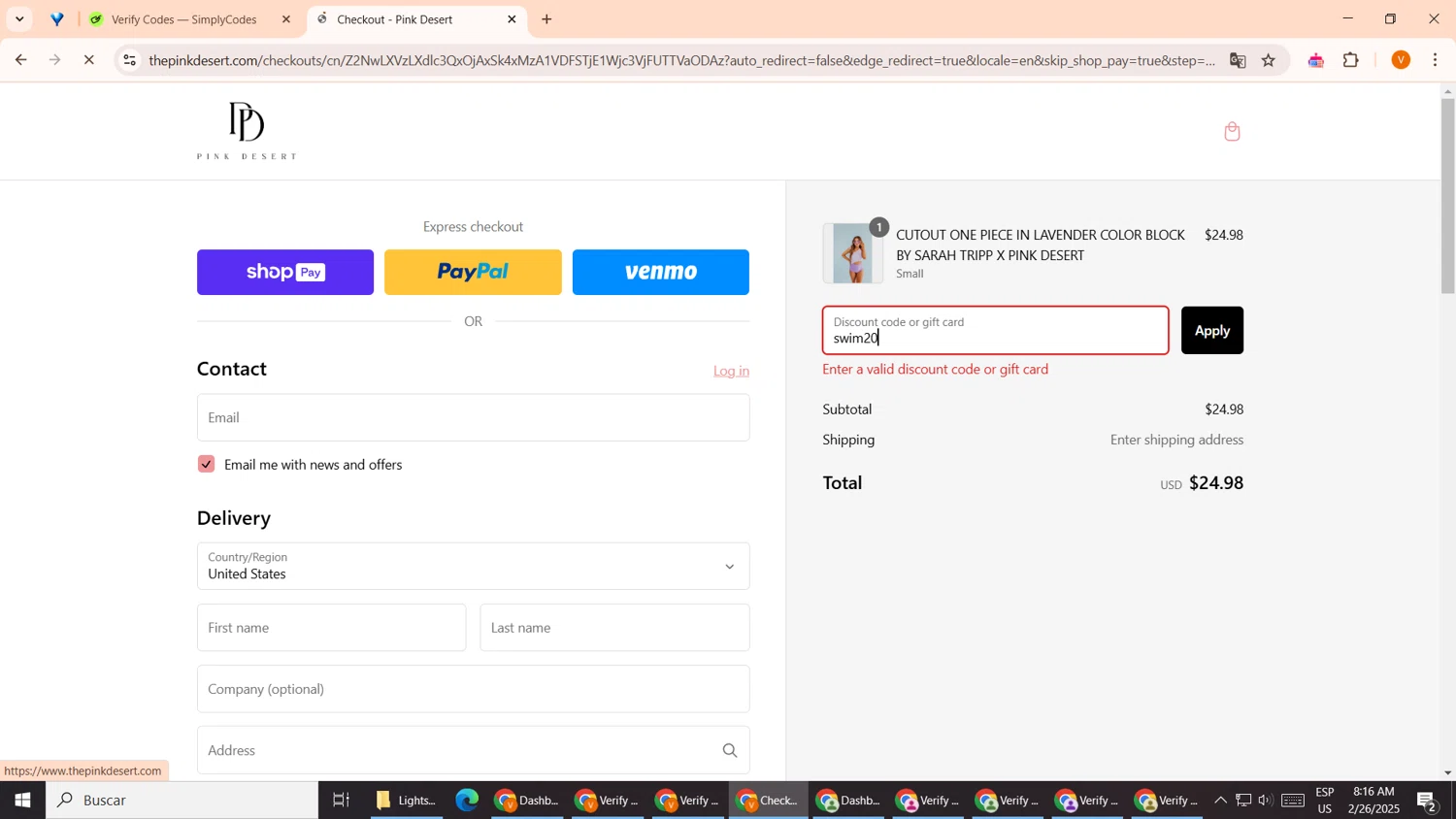 Pink Desert coupon code screenshot showing code swim20 applied at Pink Desert checkout page. Uploaded by SimplyCodes community member EpicCollector7561 on Feb 26, 2025