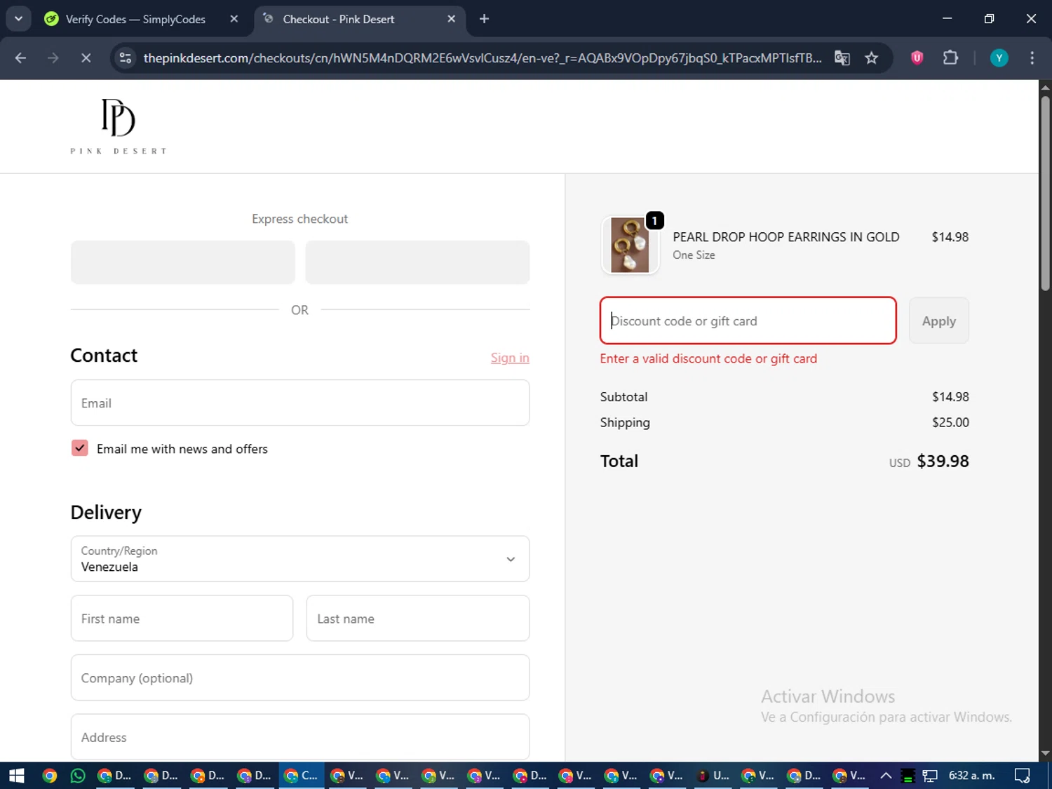 Pink Desert coupon code screenshot showing code PINK20 applied at Pink Desert checkout page. Uploaded by SimplyCodes community member RoyalEagle4794 on Nov 16, 2025