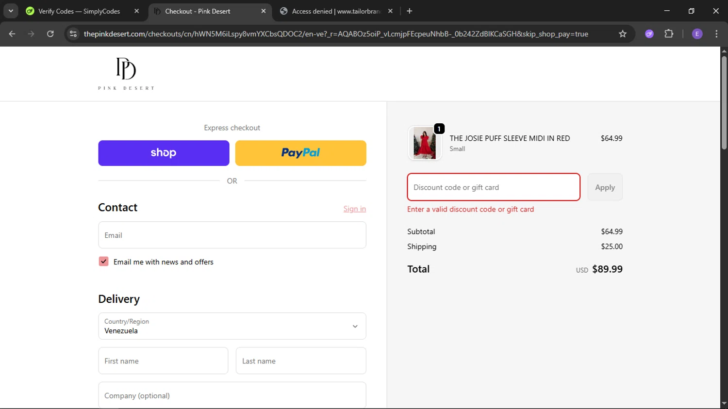 Pink Desert coupon code screenshot showing code PINK20 applied at Pink Desert checkout page. Uploaded by SimplyCodes community member satoru on Nov 16, 2025