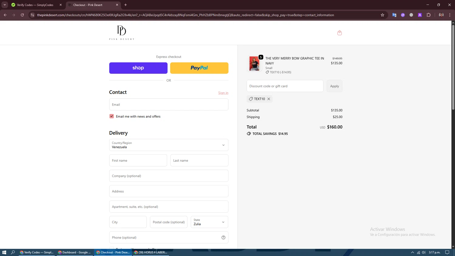 Pink Desert coupon code screenshot showing code TEXT10 applied at Pink Desert checkout page. Uploaded by SimplyCodes community member CraazyTroll123 on Dec 6, 2025