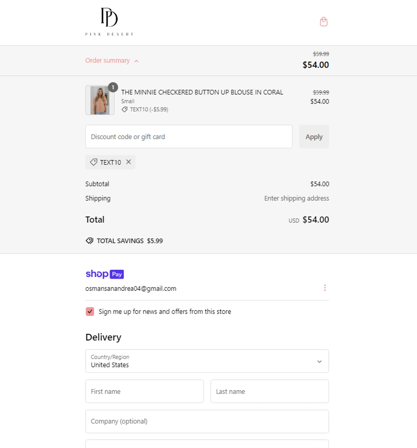Pink Desert coupon code screenshot showing code TEXT10 applied at Pink Desert checkout page. Uploaded by SimplyCodes community member ElonMusk on Jan 5, 2025