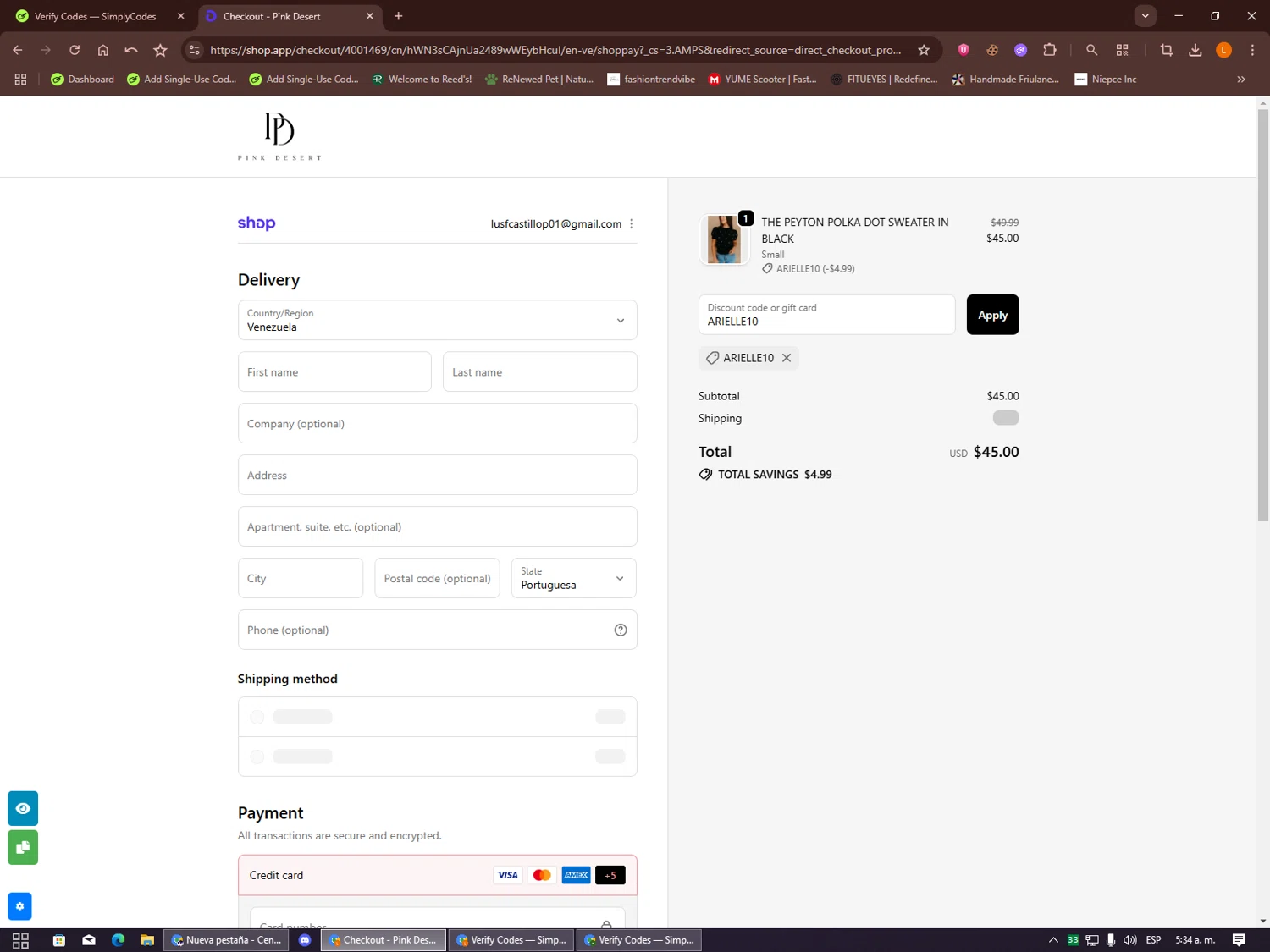 Pink Desert coupon code screenshot showing code ARIELLE10 applied at Pink Desert checkout page. Uploaded by SimplyCodes community member Alalee on Oct 8, 2025