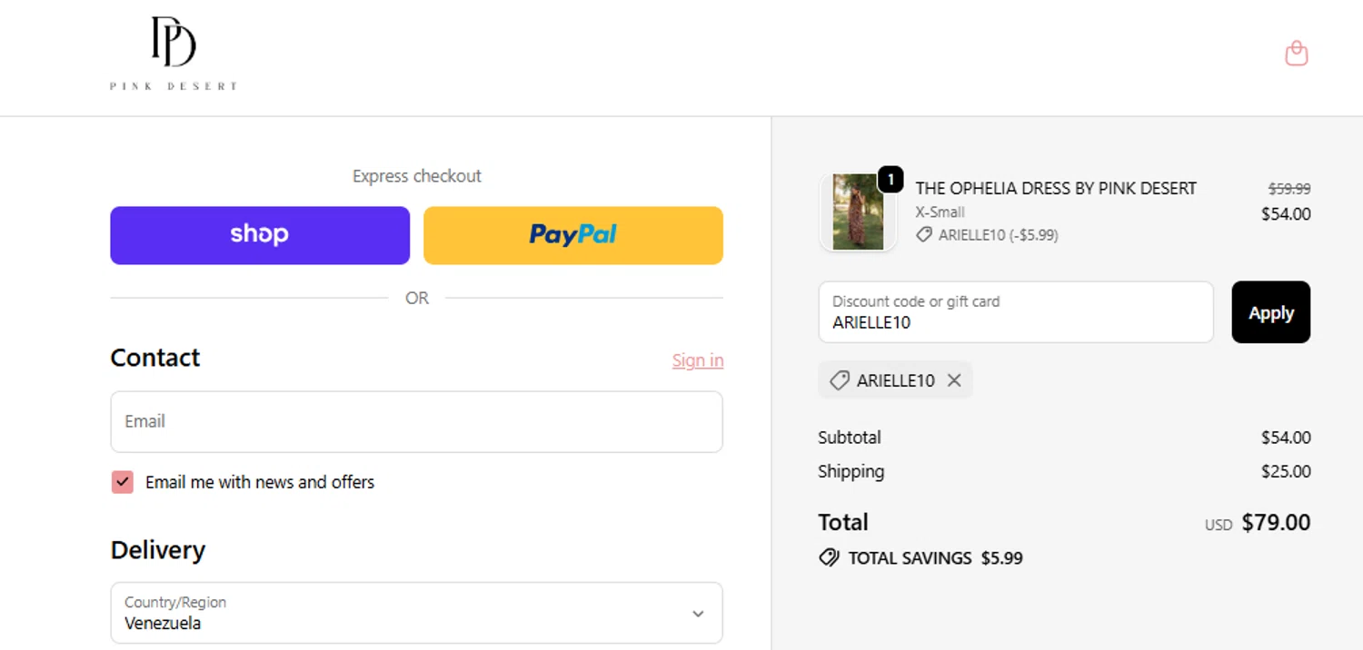 Pink Desert coupon code screenshot showing code ARIELLE10 applied at Pink Desert checkout page. Uploaded by SimplyCodes community member CleverWhiz2265 on Oct 12, 2025