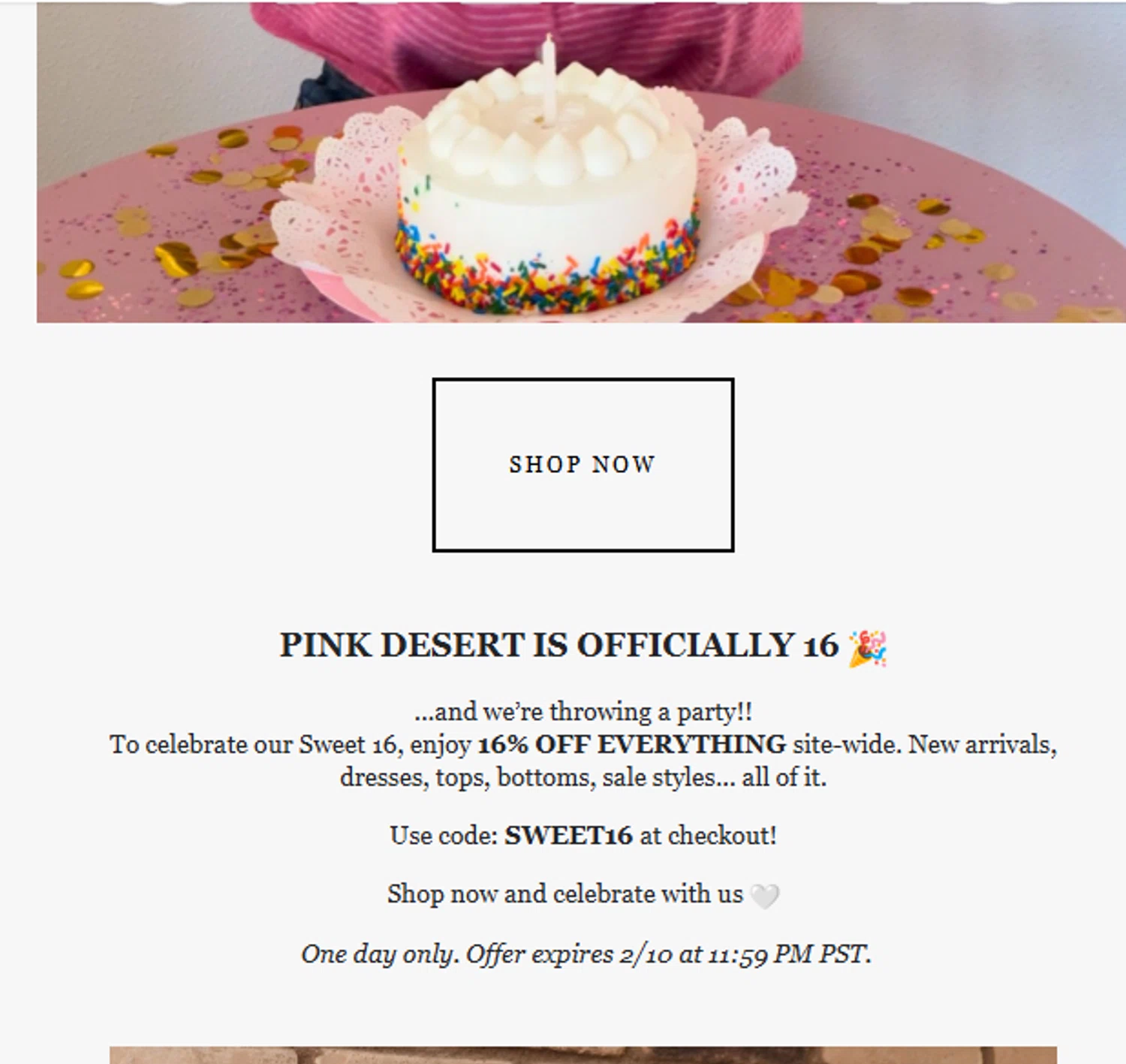 Pink Desert coupon code screenshot showing code SWEET16 applied at Pink Desert checkout page. Uploaded by SimplyCodes community member valeriaantonieta on Feb 10, 2026