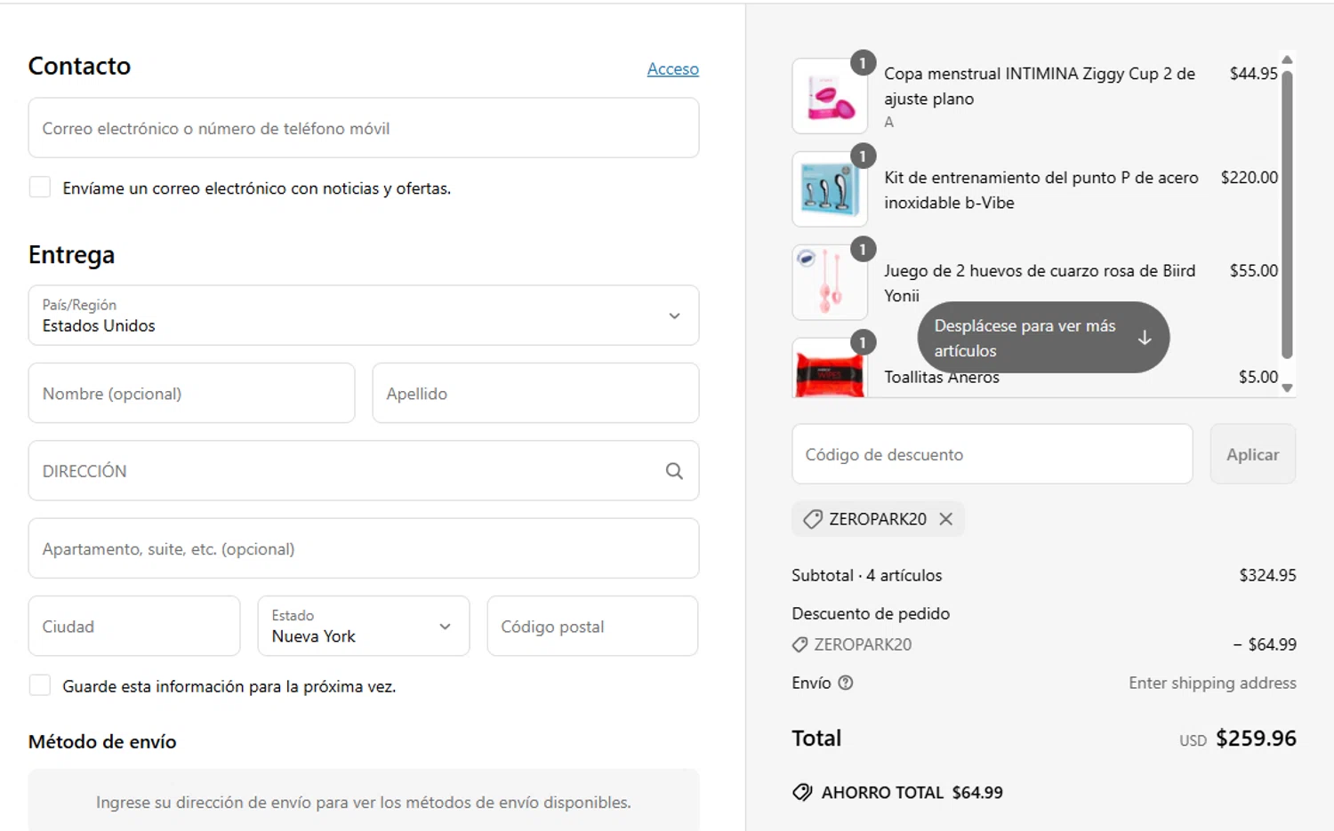 Pinkfoxxx promo code screenshot showing code ZEROPARK20 applied at Pinkfoxxx checkout page. Uploaded by SimplyCodes community member Eliaslpz on Jun 12, 2025