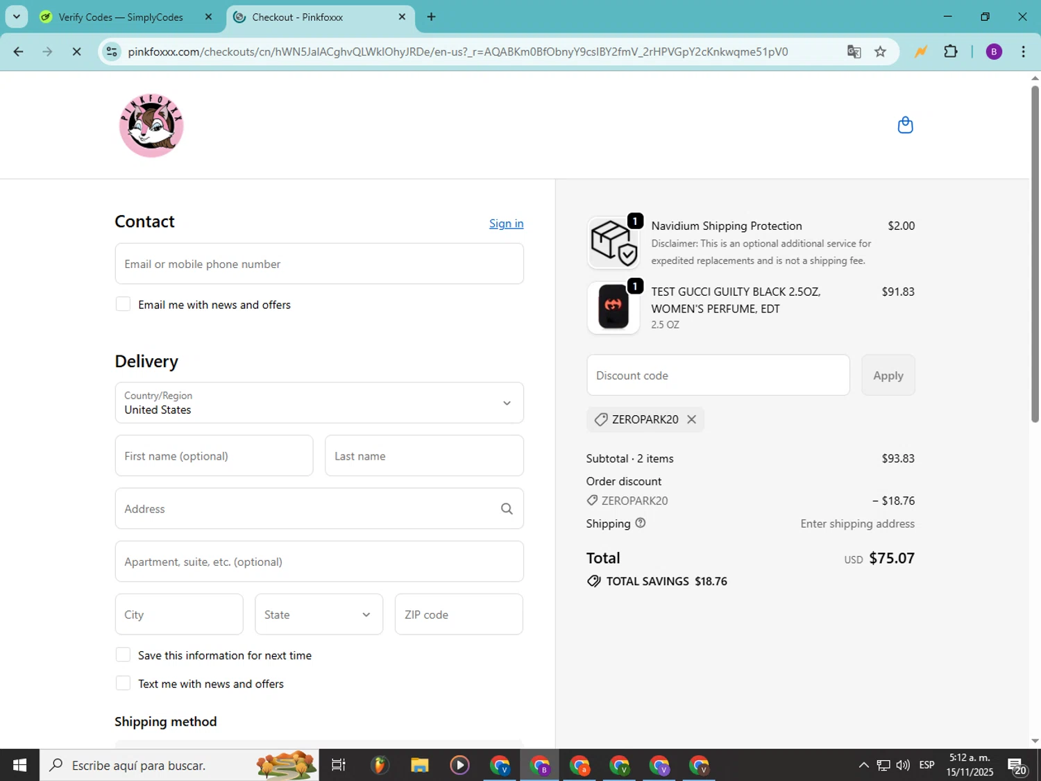 Pinkfoxxx promo code screenshot showing code ZEROPARK20 applied at Pinkfoxxx checkout page. Uploaded by SimplyCodes community member Soyvictor on Nov 15, 2025