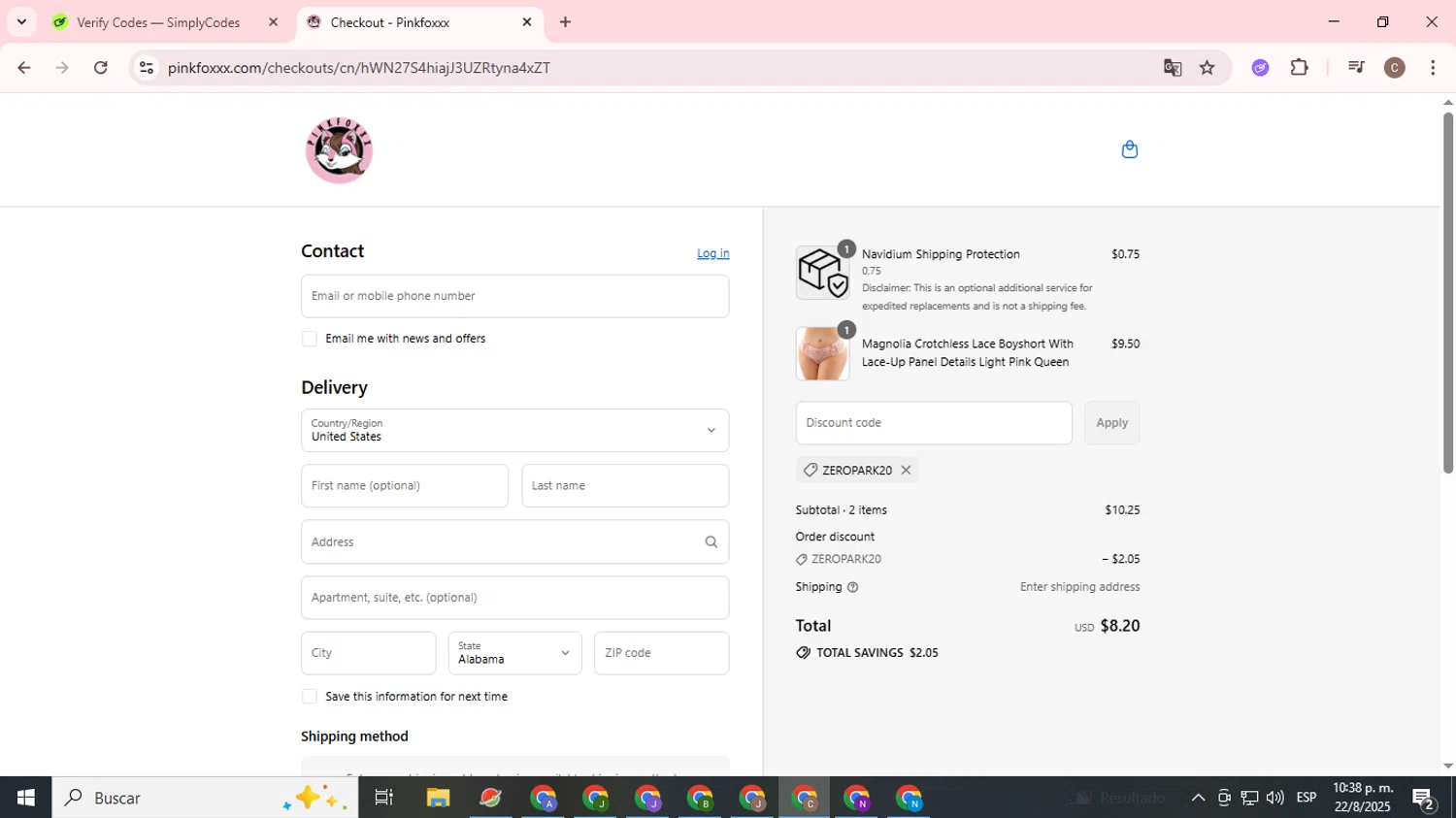 Pinkfoxxx promo code screenshot showing code ZEROPARK20 applied at Pinkfoxxx checkout page. Uploaded by SimplyCodes community member eliholuiscampos1 on Aug 23, 2025