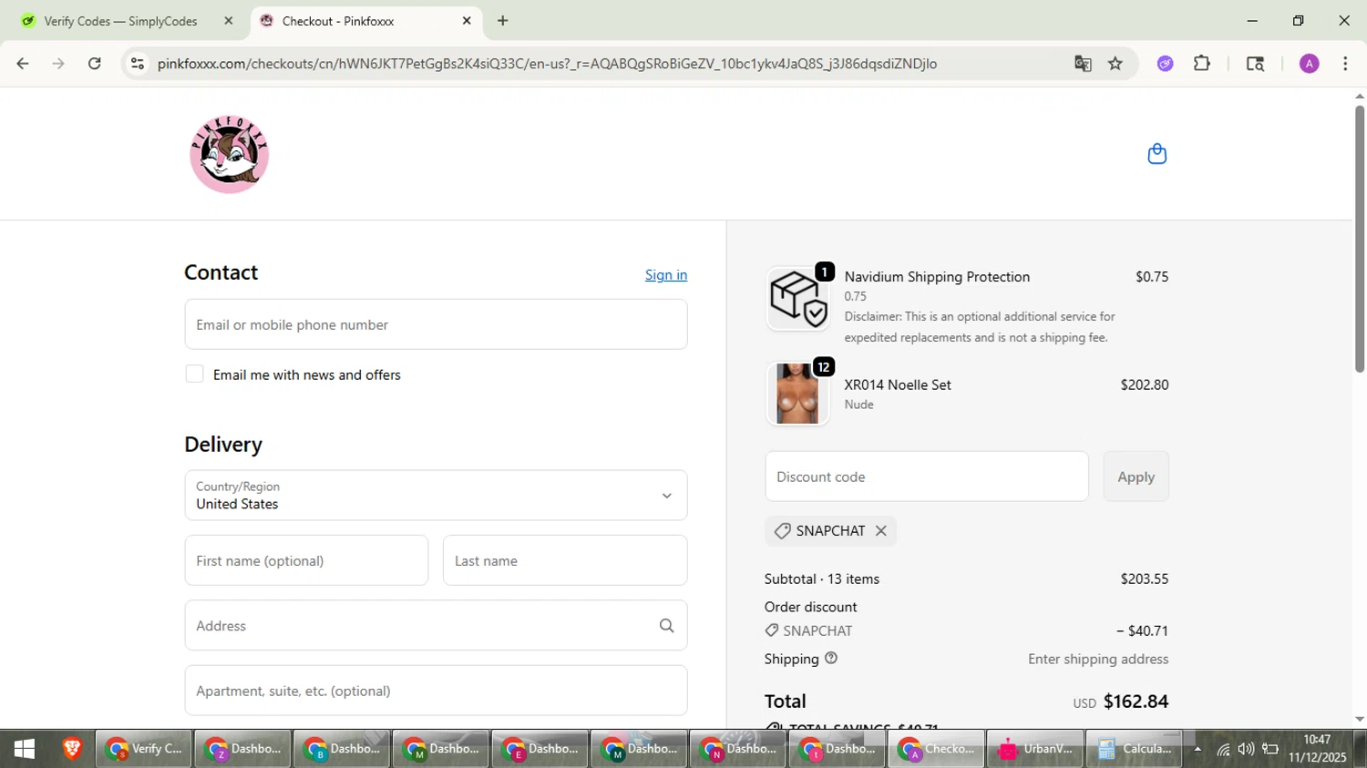 Pinkfoxxx promo code screenshot showing code snapchat applied at Pinkfoxxx checkout page. Uploaded by SimplyCodes community member cuieoseva on Dec 11, 2025