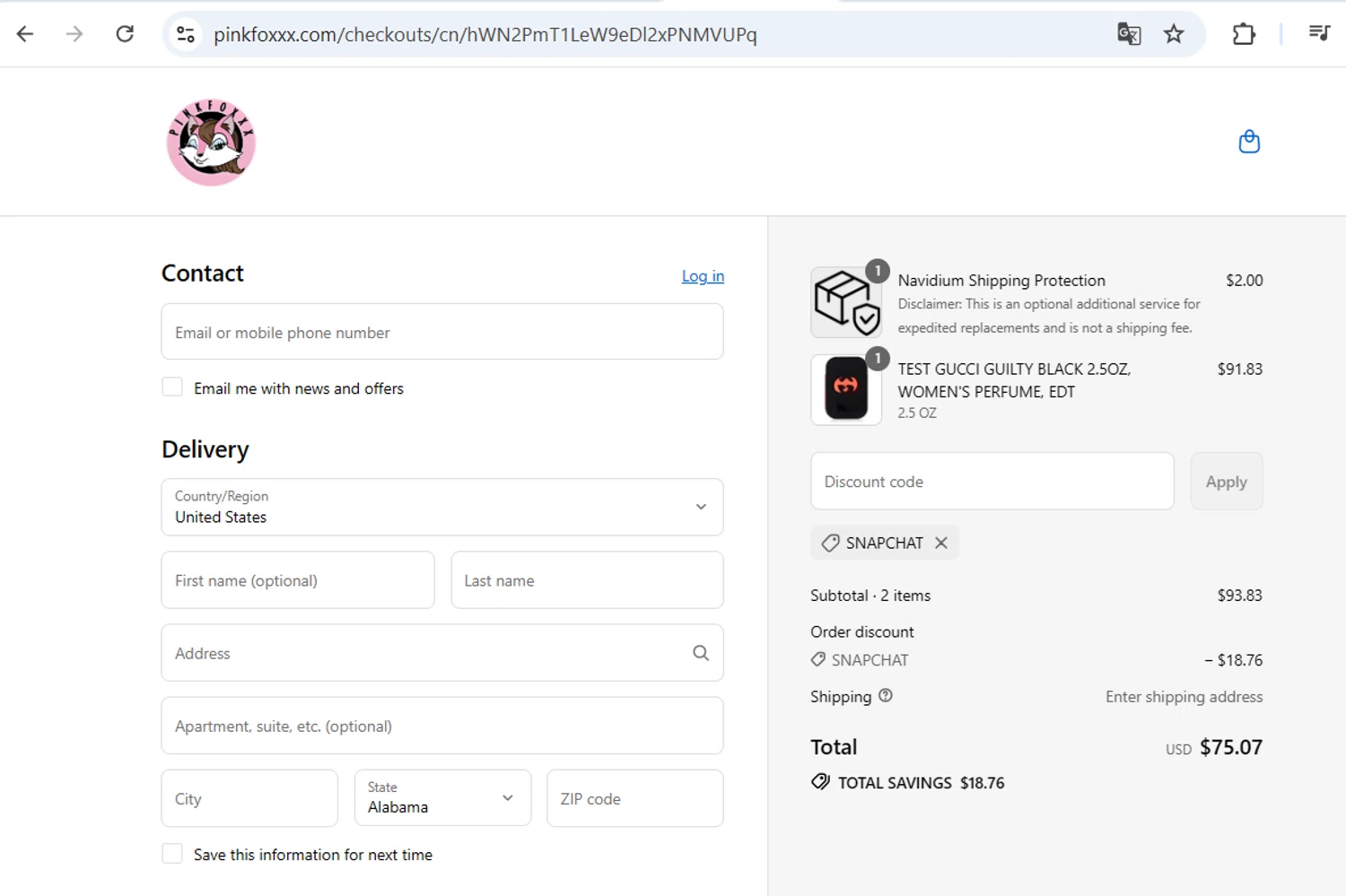 Pinkfoxxx promo code screenshot showing code snapchat applied at Pinkfoxxx checkout page. Uploaded by SimplyCodes community member BB9542251456527 on Aug 30, 2025