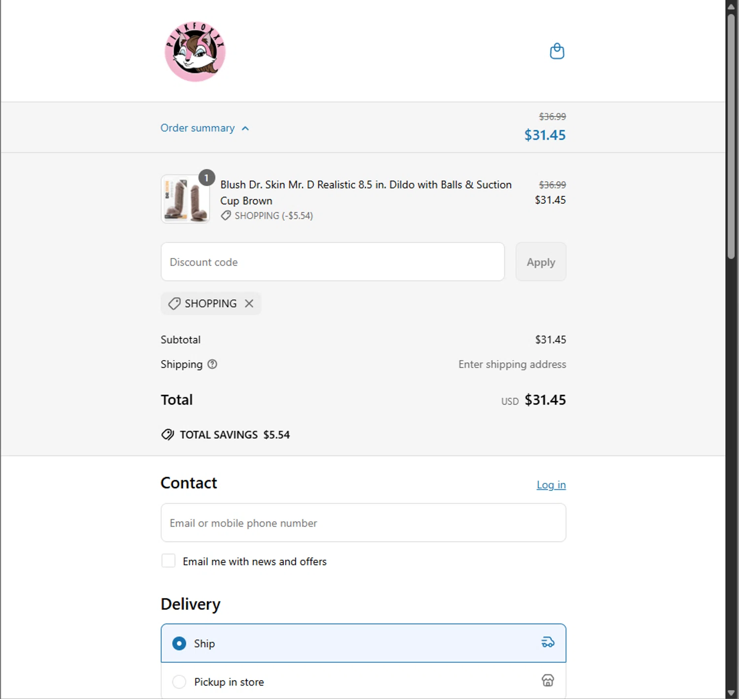Pinkfoxxx promo code screenshot showing code shopping applied at Pinkfoxxx checkout page. Uploaded by SimplyCodes community member PillarsofCreation on Apr 7, 2025