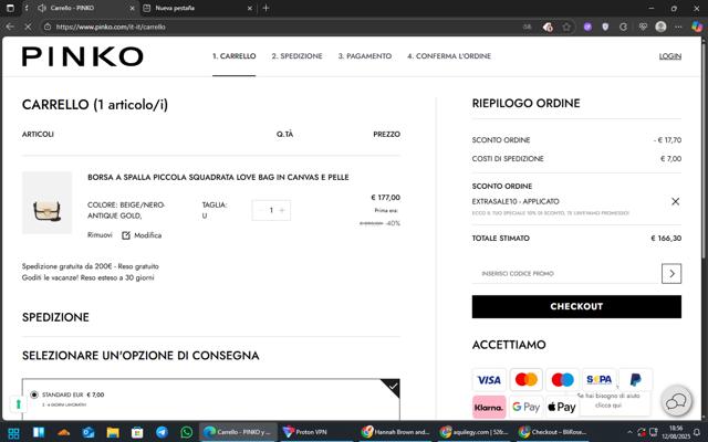 Pinko checkout page showing Pinko promo code box | Screenshot taken by SimplyCodes community member on Aug 12, 2025