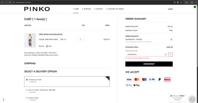 Pinko checkout page showing Pinko promo code box | Screenshot taken by SimplyCodes community member on Aug 8, 2025