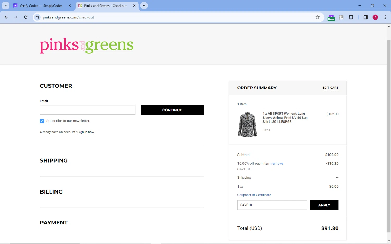 Pinks and Greens checkout page showing Pinks and Greens coupon code box | Screenshot taken by SimplyCodes community member on Dec 6, 2023