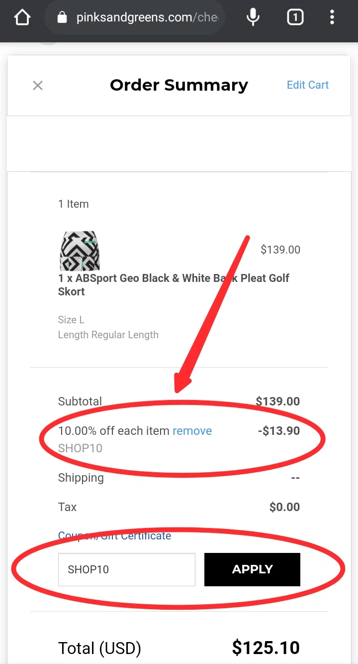 Pinks and Greens checkout page showing Pinks and Greens coupon code box | Screenshot taken by SimplyCodes community member on Apr 18, 2021