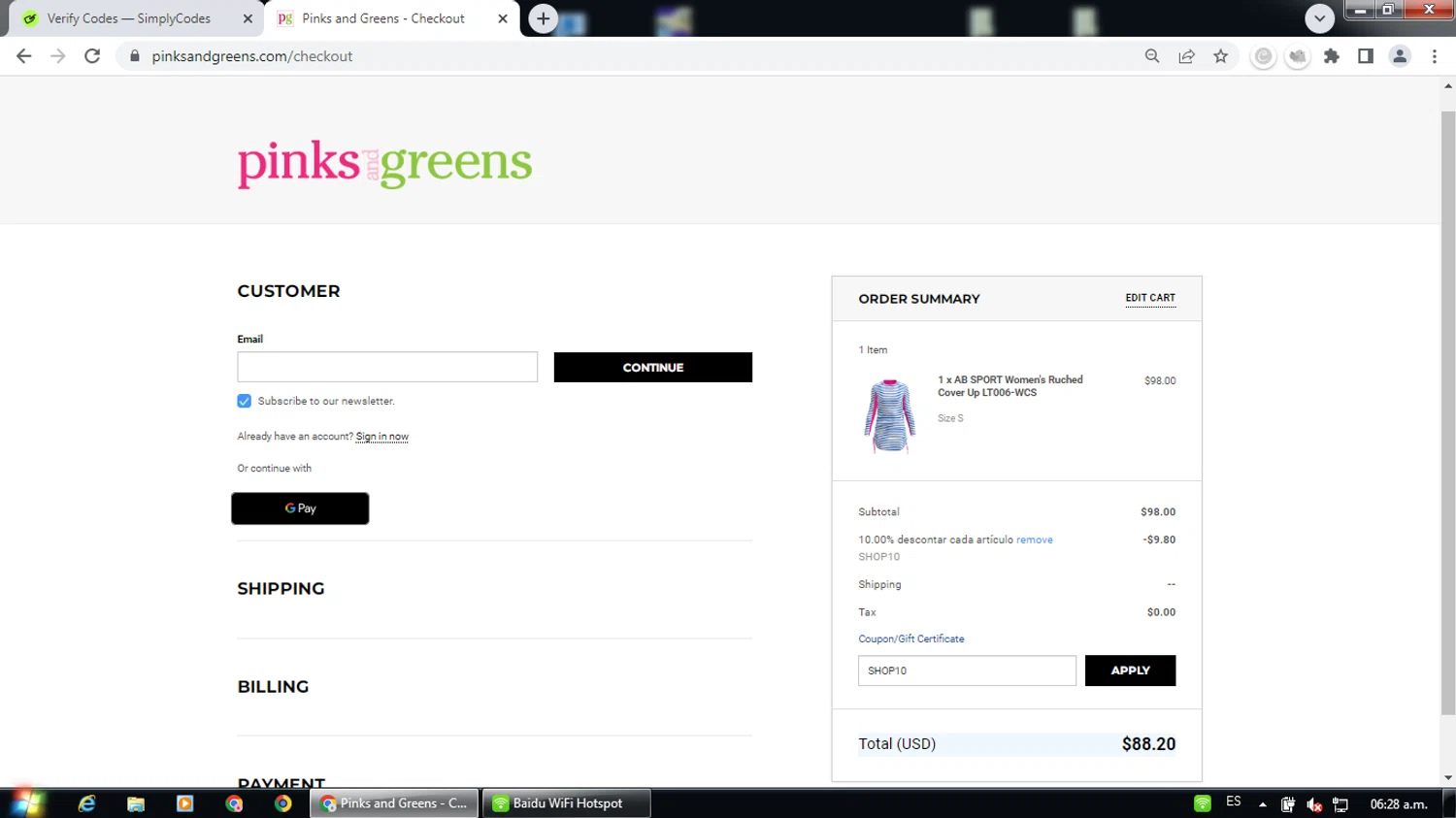Pinks and Greens checkout page showing Pinks and Greens coupon code box | Screenshot taken by SimplyCodes community member on Jun 24, 2024