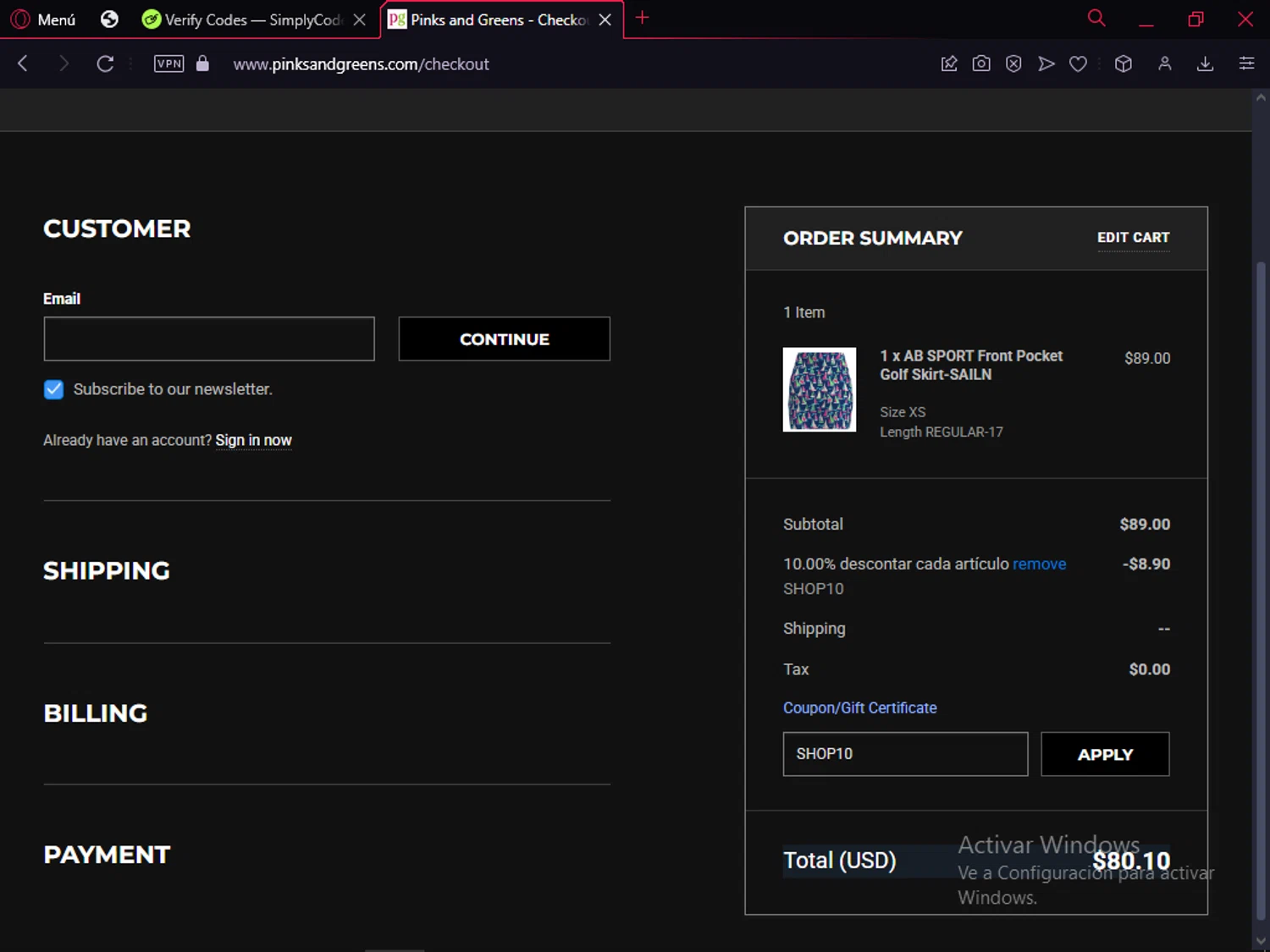Pinks and Greens checkout page showing Pinks and Greens coupon code box | Screenshot taken by SimplyCodes community member on Jan 10, 2025