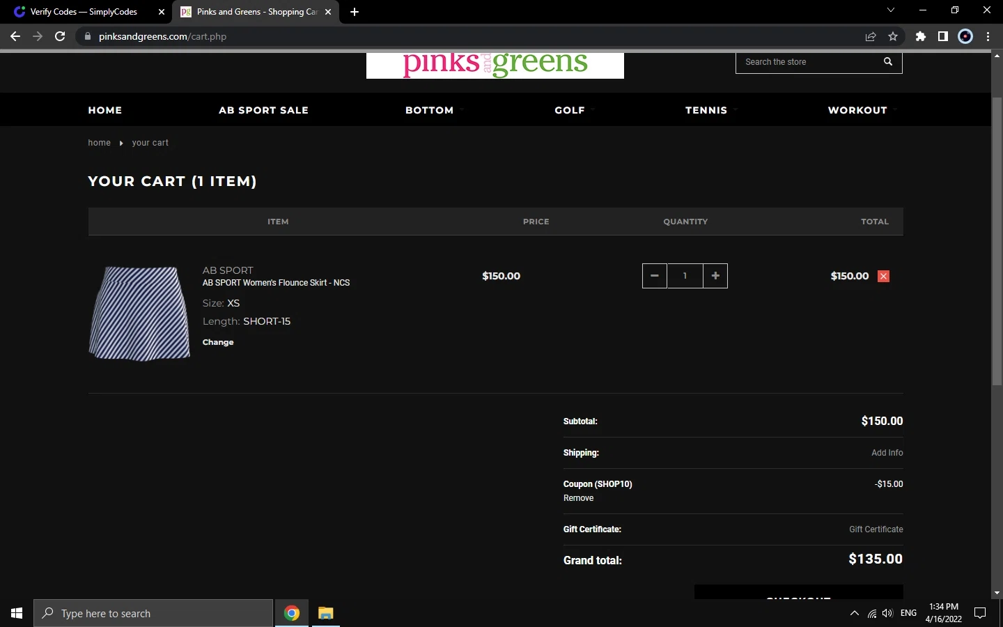Pinks and Greens checkout page showing Pinks and Greens coupon code box | Screenshot taken by SimplyCodes community member on Apr 16, 2022