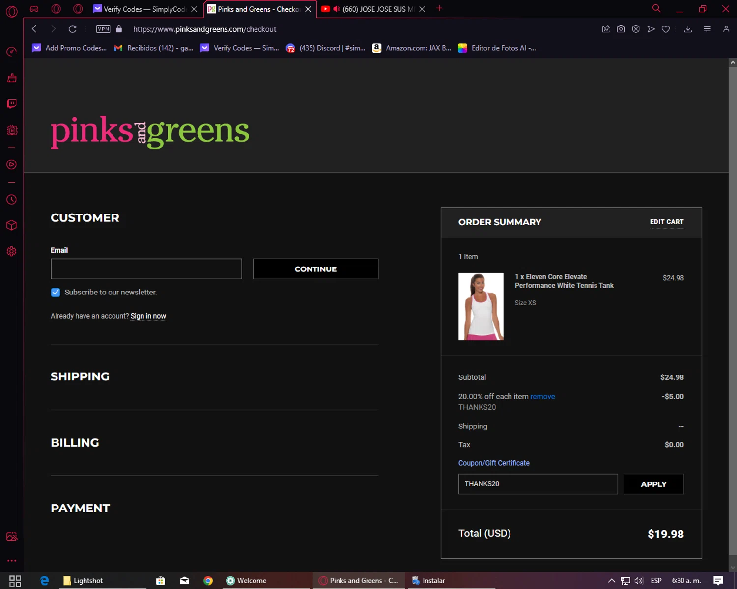 Pinks and Greens checkout page showing Pinks and Greens coupon code box | Screenshot taken by SimplyCodes community member on Nov 12, 2023