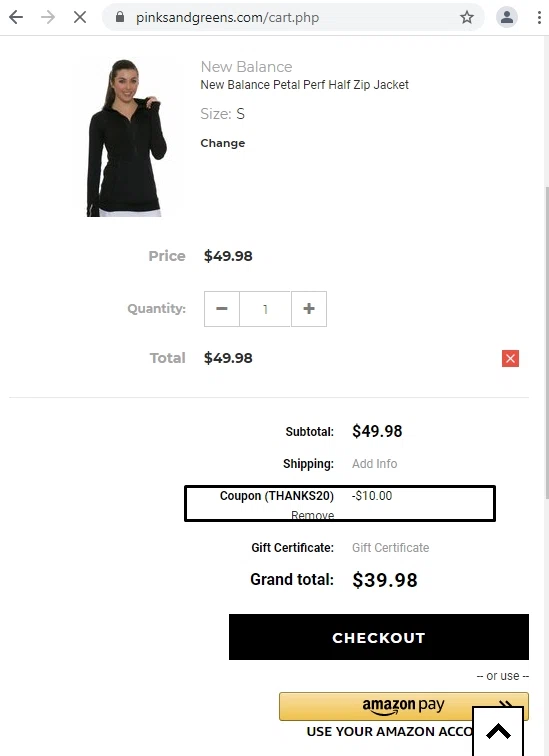 Pinks and Greens checkout page showing Pinks and Greens coupon code box | Screenshot taken by SimplyCodes community member on Aug 16, 2021